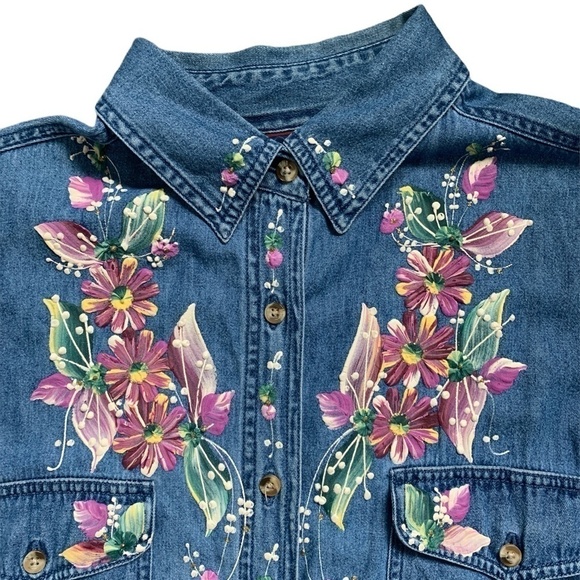 LASHA Button Up Shirt Western Blue Denim Handpainted Collar XL #57C - Picture 6 of 9